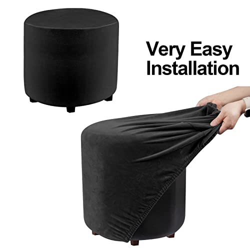 Dujuike Round Ottoman Cover Slipcover, Ottoman Slipcover Protector For Foot Stool Footrest Furniture Stretch Velvet Fabric With Elastic Bottom (Black, Medium (Diameter:20-23", Height: 17-18")) #TOP5