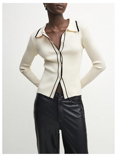 Image of GORGLITTER Women's Contrast Trim Button Down Sweater Cardigan Long Sleeve Collar Rib Knit Tops