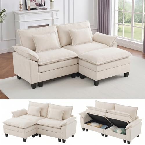 Image of IPKIG 82.3 inch Modular Cloud Couch with Storage, L Shaped Sectional Sofa with Ottoman & Pillow, Chenille Deep Seat Sectional Couches for Living Room, Apartment, White