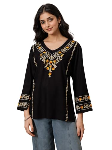 Image of QAZMI Women's Amina Kashmiri Embroidered V-Neck Short Kurti