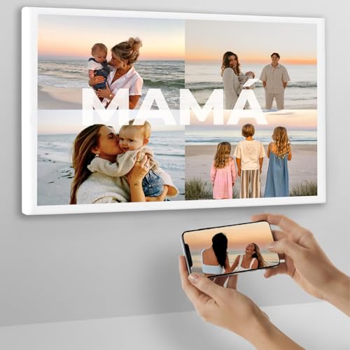 Cristal Plaque   Lienzo Personalizado con 4 Fotos y Texto “MAMÁ” | Cuadro Decorativo en Bastidor de Madera | Regalo Original para Madre | Decoración para Salón o Dormitorio | Impresión Premium