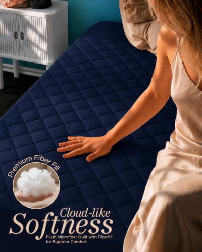 Image of Quilted Fitted Mattress Pad, Twin Mattress Protector Topper with Deep Pocket Stretches up to 16 Inches, Machine Washable Mattress Cover by Utopia Bedding (Navy)