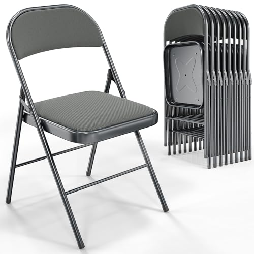 Image of VINGLI 10 Pack Folding Chairs with Padded Seats, Metal Frame with Fabric Seat & Back, Capacity 350 lbs, Gray, Set of 10