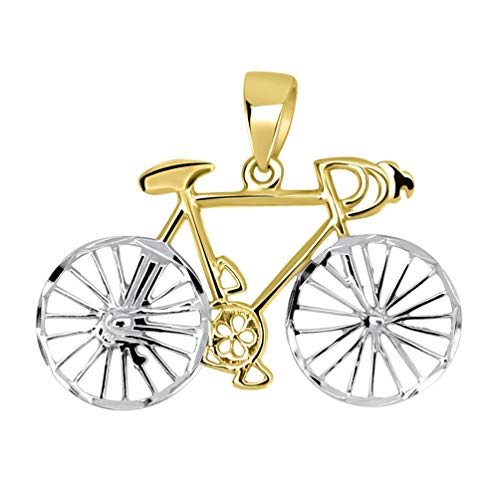14k Yellow Gold Two-Tone Bicycle Bike with Textured Wheels Pendant Necklace, 18" - Image 3