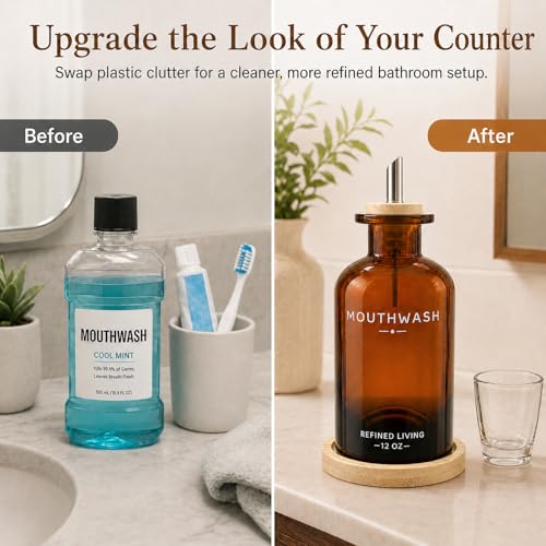 Image of Mouthwash Dispenser for Bathroom, 12 OZ Refillable Glass Mouthwash Bottle with Cup and Bamboo Tray, Decorative Mouth Wash Dispenser Set for Bathroom (Amber)