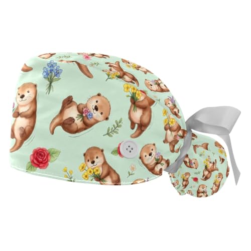 Image of 2 PCS Bouffant Cap with Button Ponytail Pouch Working Cap Sweatband Adjustable Surgical Cap Black and White Cow