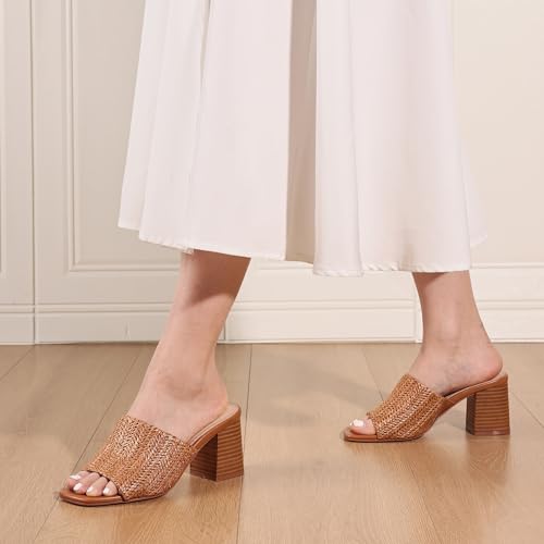 Image of Ancomafio Heeled Sandals for Women，Raffia Sandals 2026 Chunky Heels Square Toe Mules Block Summer Shoes Slip On