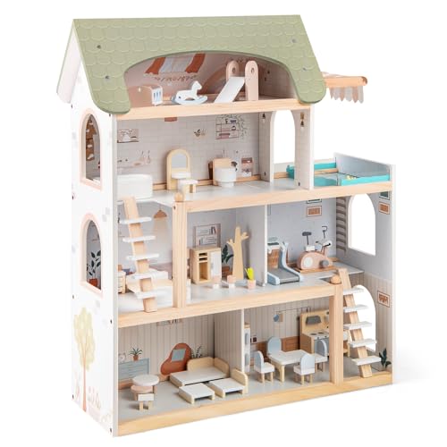 GOPLUS Maison de Poupee en Bois à 4 Étages, Maison de Rêve avec 33 Accessoires, 6 Chambres, Balcon avec Piscine, Jouet Éducatif pour Filles et Garçon de 3+ Ans