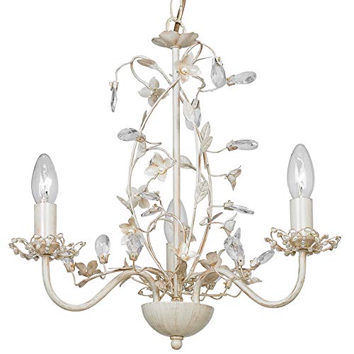 Image of Hanging/Flush Mounted Ceiling Pendant Light – Cream Brushed Gold, Clear & Pearl Acrylic Floral Metal – 3X 60W E14 Vintage Candle Lamp Bulb Holder – Feature Chandelier Chain & Rose Fitting Kit