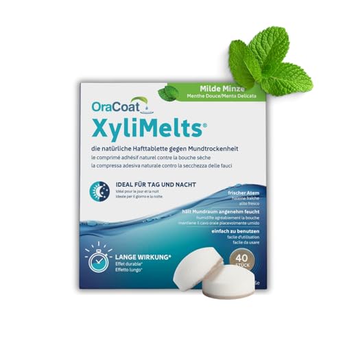 XyliMelts Milde Minze 40 Stück - Hafttabletten gegen nächtliche Mundtrockenheit - befeuchten im Schlaf den Mund 4-8 Stunden - mit Xylitol: dezenter Minzgeschmack - gegen trockenen Mund