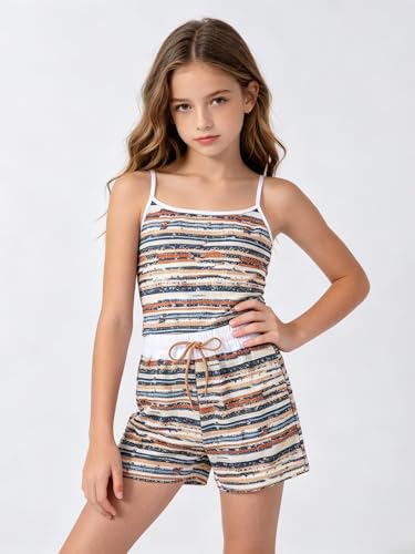 Image of Size 7-14Y Girls Clothes 2 Piece Outfits Striped Tank Top Drawstring Shorts Teen Girls Summer Clothing Sets