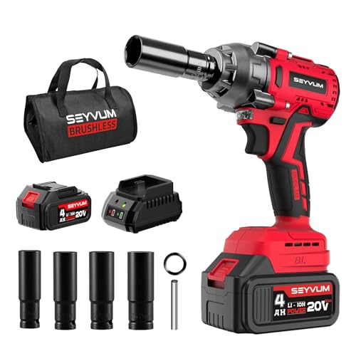 SEYVUM Impact Wrench,1/2″ Impact Gun, Power Impact Driver Max Torque 320 Ft-lbs (430N.m), Cordless Impact Wrench with 20V Brushless Motor, 4.0Ah Li-ion Battery with Fast Charger, 4 Pcs Impact Sockets