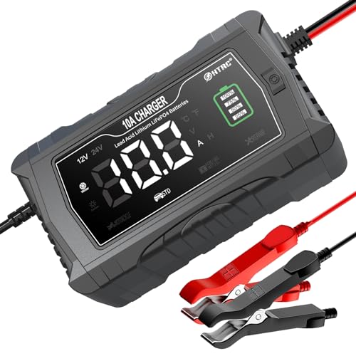 HTRC 10A Car Battery Charger - 12V/24V LiFePO4, Trickle & Leisure Battery Charger with 4 Modes for Boat, SUV, Motorcycle, Lithium & Lead-Acid Batteries