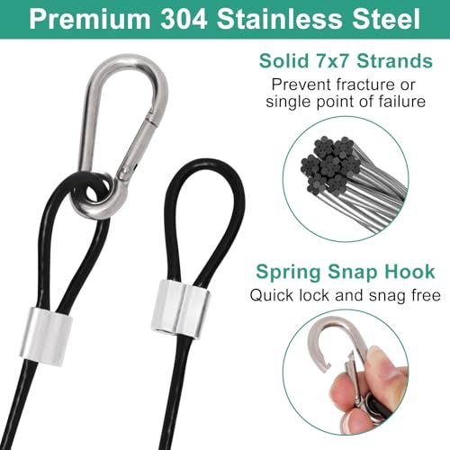 Image of 5Pcs Stainless Steel Cable with Loops and Hooks, 4mm Thickness 12 inch Vinyl Cover Coated Wire Rope Lanyard Safety Cable for Stage Lighting, Black