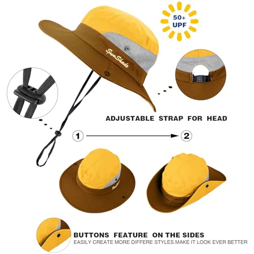 Syhood 2 Pcs Toddler Girl Summer Sun Hat Wide Brim Beach Bucket Cap for Girl Ponytail Foldable UV Protection Hat for Beach 5