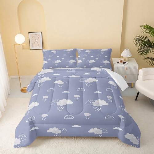 Image of QOOMO Cartoon Clouds Kids Comforter Set,Cute Weather Bedding Set Full Size for Room Decoration,Haze Blue Bed Set Microfiber Lightweight All Season,1 Comforter Set 2 Pillowcases
