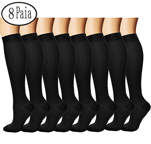 Matchwill [8 pares] Calcetines de compresión para medicina, lactancia, carrera y estado físico, edema, diabéticos, viajes y vuelo, embarazo [ Negro-Pequeño / Medio (UE Mujere 31-40.5 / Hombre 34-41) ]