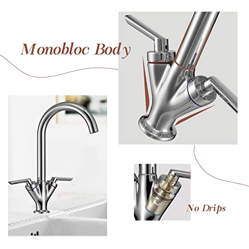 Kitchen Taps, Hapilife Swan Dual Lever Kitchen Mixer Tap Vintage Style Kitchen Sink Tap Mixer Twin Lever Swivel Spout Tap for Kitchen Sink 1 Hole, Chrome