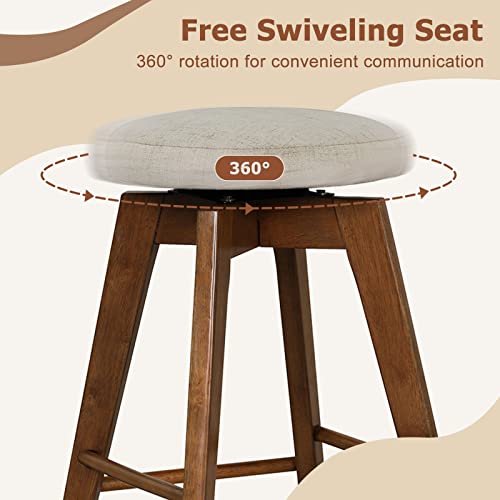 Butacos giratorios COSTWAY, juego de 2, altura de barra de 26 pulgadas sin respaldo, patas de madera de caucho, asiento de tela de lino, reposapiés, estilo moderno para isla de cocina, pub o comedor, beige + marrón miniatura 4