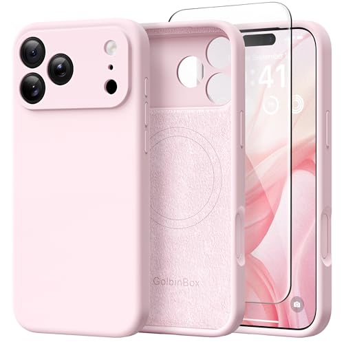 GolbinBox Magnetic for iPhone 17 Pro Case, Compatible with MagSafe, [Full Camera Protection] [Screen Protector], Silicone Shockproof Phone Cover with Anti-Scratch Microfiber Lining, Chalk Pink