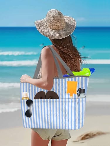 Mesh Beach Bag Oversized Tote Bags for Women Light Blue Stripe Large Travel Pool Bags with 8 Pockets3