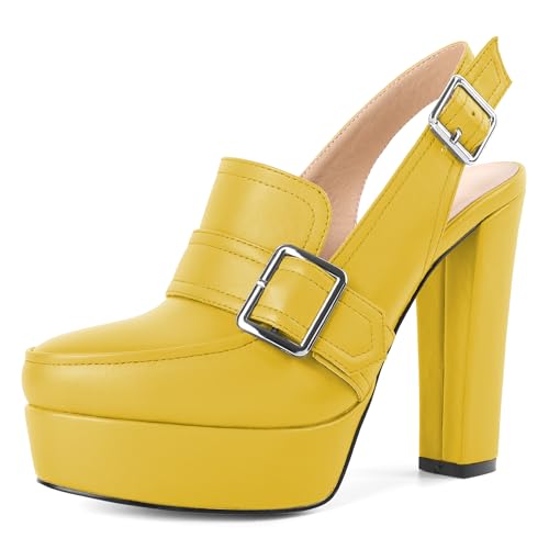 Image of Women's High Heel Loafers Platform Pumps Round Toe Heels Chunky Heel Pumps Stylish Comfortable 4.8 Inch Slingback Heels
