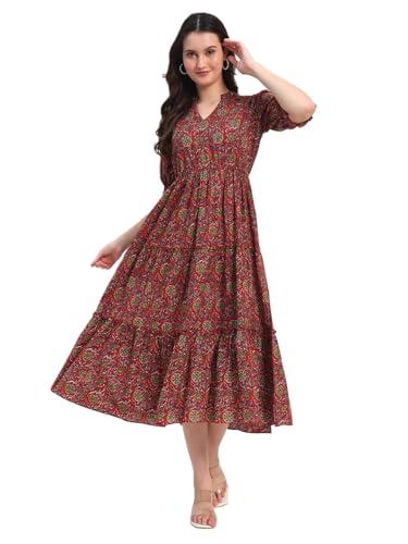 Image of Women's Fit and Flare Dress I Pure Cotton Long Summer Maxi Dress I V-Neck I Casual Wear I Printed Kalamkari Floral Middi
