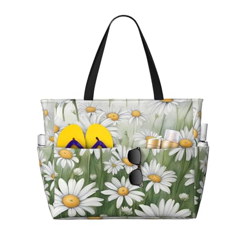 White Daisy Print Waterproof Beach Bag For Womentote Bag Zipper And Pockets For Travel Vacation