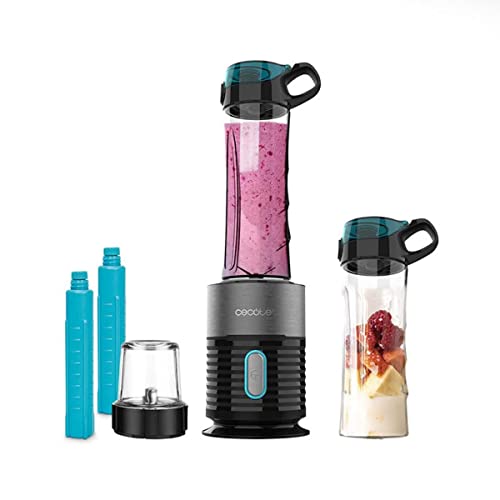 Cecotec Batidora de Vaso Individual Power Titanium 650 Fresh&Go INOX. Potencia 650 W,Cuchillas con Recubrimiento de Titanio Negro, 2 Tubos refrigeradores, 2 Vasos portátiles, Molinillo