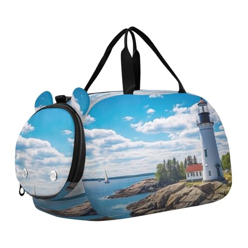 Lighthouse on Ocean Duffle Bag for Girl, Sports Duffle Gym Bags with Shoe Compartment, Personalized Overnight Bag Travel Weekender for Kids