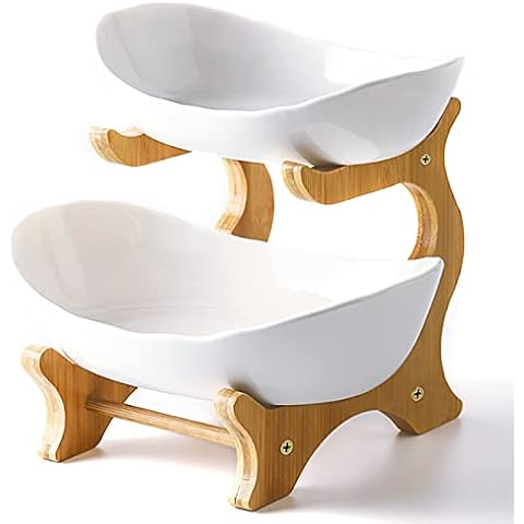 Liywall 2-Tier Ceramic Fruit Bowl with Bamboo Wood Stand Cover