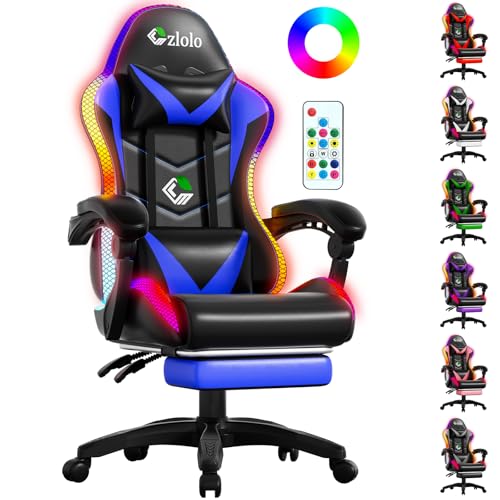 Czlolo Silla Gaming con Masajeador y LED, Silla de Estilo Racing Ergonómica Reclinable con Reposapiés y Cervical,Reposabrazos Acolchados, Ruedas 360°, para Adultos y niños,Azul