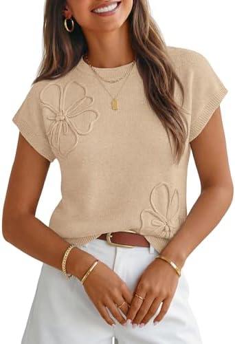 MEROKEETY Women's Spring Short Sleeve Sweater Vest Flower Knit Lo...
