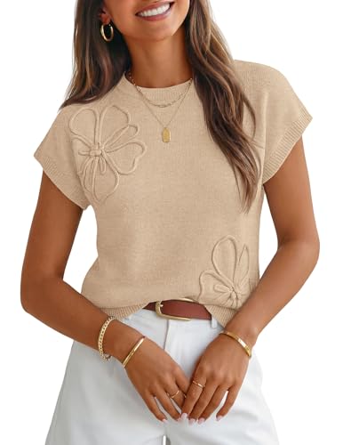MEROKEETY Womens Summer Short Sleeve Sweater Vest Floral Knit Cute Pullover 2026 Trendy Fashion Fall Outfit Church Work Tops Apricot Medium