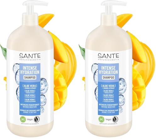 SANTE Naturkosmetik Champú de hidratación intensa de aloe vera + extracto de mango, champú vegano para el cuidado con dispensador, fortalece e hidrata el cabello seco, 950 ml (Paquete de 2)