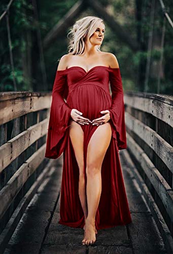 Robe de maternité avec manches évasées amples et coupe maxi en tissu fluide