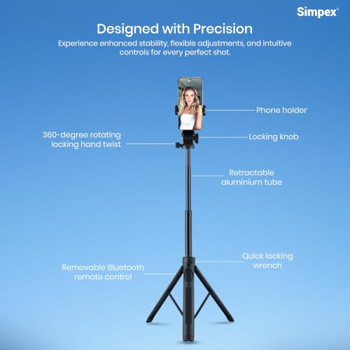 Image of Simpex SST-63 160cm Aluminum Tripod Selfie Stick with Wireless Remote, 360 Ball Head, 7-Section Extendable Stand, 3-Leg Stable Base & Compatible with Smartphones & Action Cameras