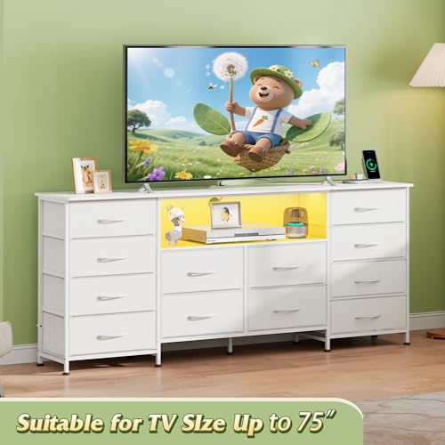 Image of WLIVE LED Dresser TV Stand for 75 Inch TV, 12 Drawers, White | Fits TVs up to 75 inch, 12 fabric drawers, LED chest of drawers, Built-in power outlet, Living room or bedroom