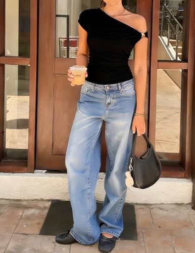ZESICA Women's 2026 Summer Off Shoulder Tops Going Out Sexy Y2k Shirts Spring Cap Sleeve Ruched Asymmetrical Blouses - Image 5
