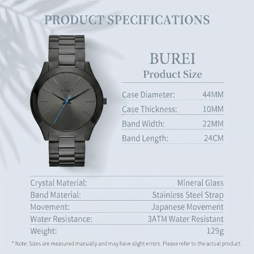 Image of BUREI Men's Wrist Watch, Analog Stainless Steel Dress Waterproof Quartz Watch for Men with Japanese Movement,Refined Gifts for Men, Boyfriend, Husband, Dad