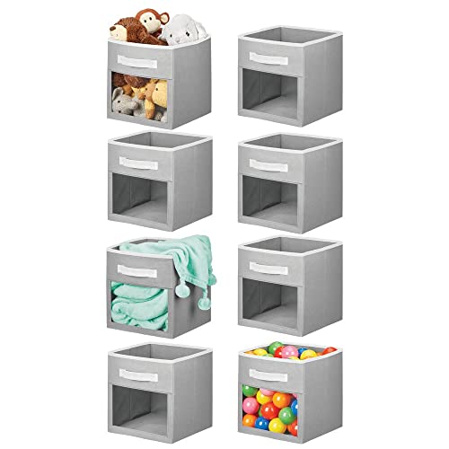 mDesign Fabric Nursery/Playroom Closet Storage Organizer Bin Box with Front Handle/Window for Cube Furniture Shelving Units, Hold Toys, Clothes, Diapers, Bibs, Jane Collection, 8 Pack - Gray/White