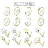 Qehyuelefu 20 PCS 20G Gold Nose Ring, L-Shape Nose Stud with Diamond, Stainless Steel Secure & Comfortable Nose Rings Hoop Set, Thin Hypoallergenic Surgical Steel Nose Piercing Jewellery for Women - Image 2