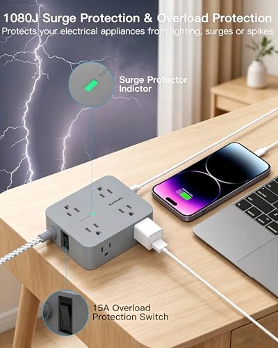 Image of Surge Protector Power Strip - HANYCONY 8 Outlets 4 USB (2 USB C) Charging Ports, Multi Plug Outlet Extender, 5Ft Braided Extension Cord, Flat Plug Wall Mount Desk Charging Station for Home Office ETL