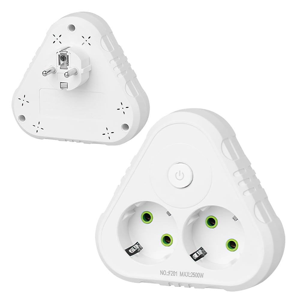 KBIBCK Doppelstecker für Steckdose, 2500W/10A Steckdosenadapter, Mehrfachstecker Ohne Kabel, Mehrfachsteckdose mit Sicherheitsschalter für Büro Hause Reisen, Wand Ladegerät