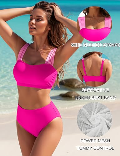 Image of Blooming Jelly Women High Waisted Bikini Sets Color Block Tummy Control Swimsuits Retro Square Neck Sporty Bathing Suit