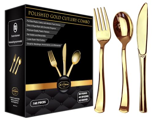 160 Piece Gold Plastic Silverware Set - Reusable & Recyclable - Gold Plastic Utensils for Weddings, Anniversaries, Showers, Parties - 80 Forks, 40 Spoons, 40 Knives - Elegant Cutlery by JL Prime