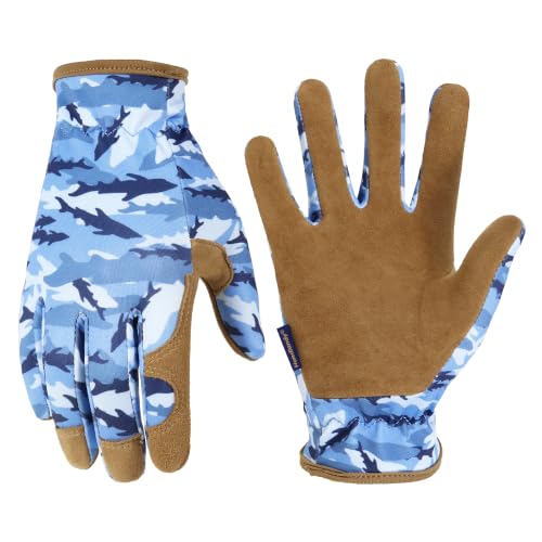 HANDLANDY Kids Leather Gardening Gloves, Kid Work Gloves, Light Blue, L