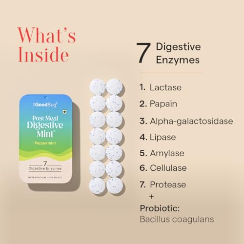 Image of The Good Bug Post Meal Digestive Mints - Peppermint | Post Meal Digestion Booster | 7 Digestive Enzymes | Helps Reduce Post-Meal Heaviness, Bloating, Acidity & Discomfort | No Added Sugar | 28 Mints (14 x 2 Packs) (Pack Of 2, Peppermint)