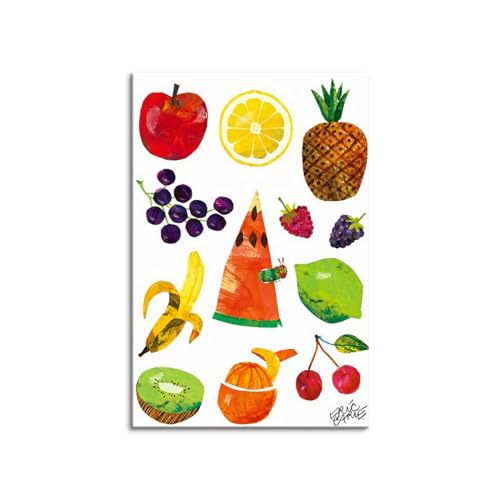 絵画 あおむしとフルーツ(Caterpillar With Fruits) エリック・カール(Eric Carle) 絵画 インテリア 壁掛け アート ポスター フック 海 ピカソ 額縁 木枠付きの完成品 (50x70cm(20x28in),A)