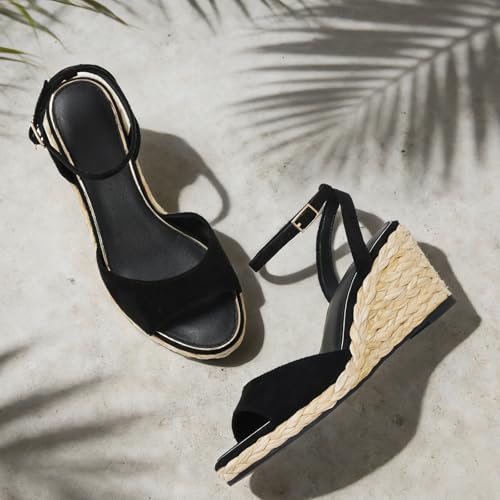 Image of Marc Ford Wedge Sandals For Women Raffia Espadrille Platform Wedges Summer Comfort Sandals Ankle Strap Stylish Open Toe Beach Vcation Raffia Wedges Heels 3 inch